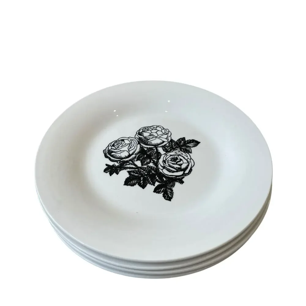 Godinger Floral Salad Plates 7.5in Porcelain Black & White Roses Set of 2 NEW
